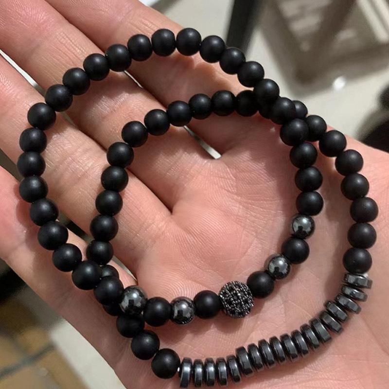 

Black Frosted Copper Bead Bracelet Set with Micro-Paved Diamond Ball for Men - 6mm