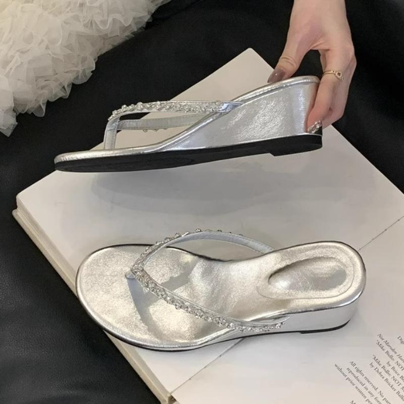 

Fashion Crystal Mid Heels Women s Slippers Clip Toe Heeled Sandals Woman Shoes Summer Trend 2025 New Fad Flip Flops Wedges Mujer Zapatos 39 серебряный