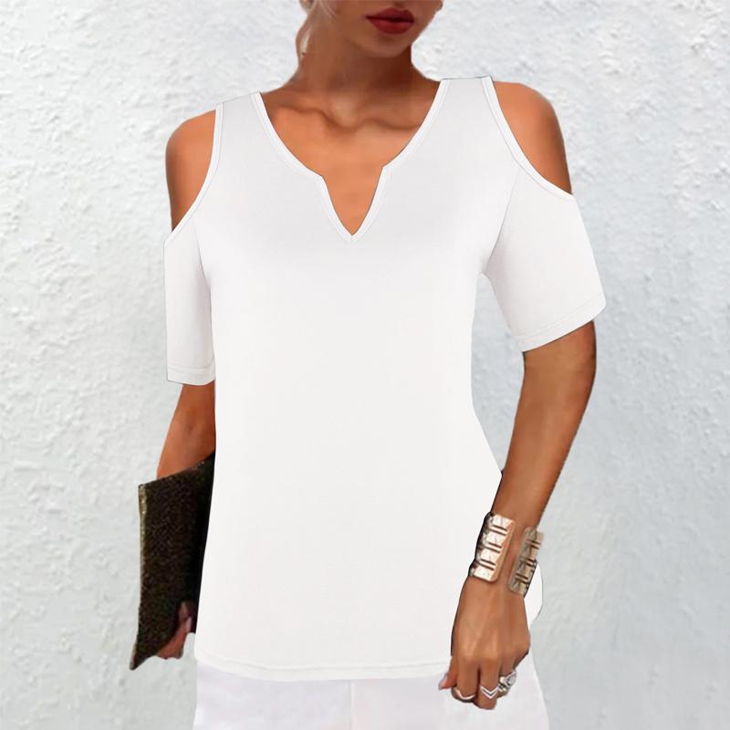 Женская летняя однотонная повседневная свободная блузка с V-образным вырезом и коротким — фото 4