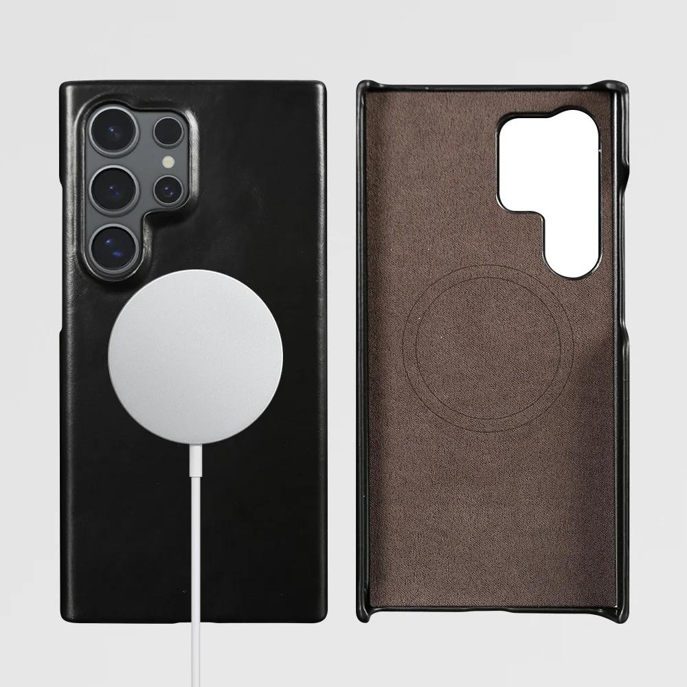 For Samsung S26 Ultra Case Magnetic Magsafe Oil Wax Genuine Leather Phone Cases For Galaxy S25 S24 S23 S22 Cover Wireless Charge
