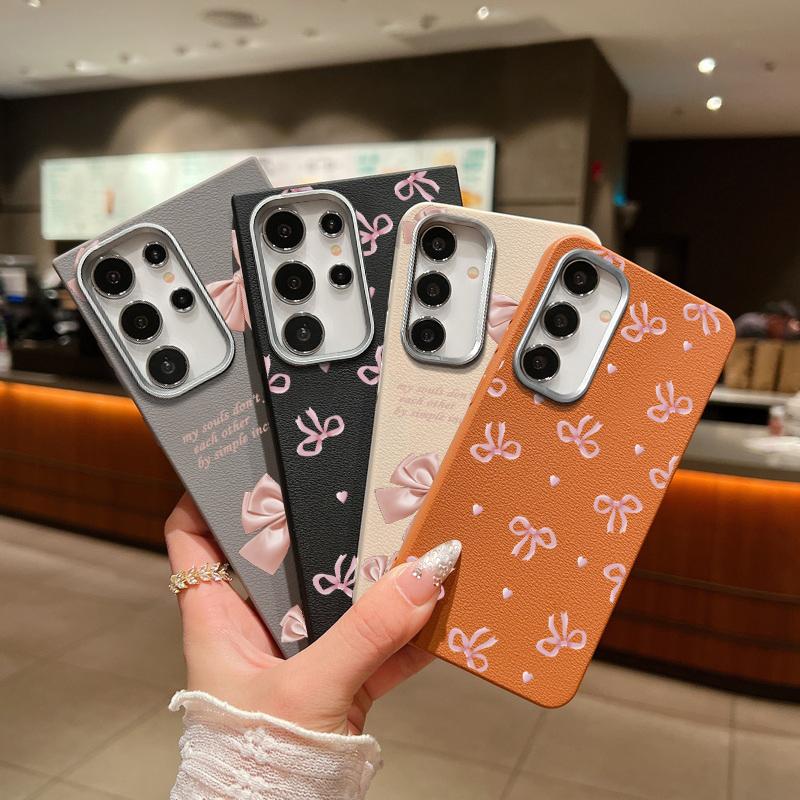 Pink Bowknot Print Matte Slim Case For Samsung S25 Ultra S24 FE S23 S22 A56 A36 A16 A55 A15 A35 A26 Leather Texture Soft TPU Shockproof Phone Cover