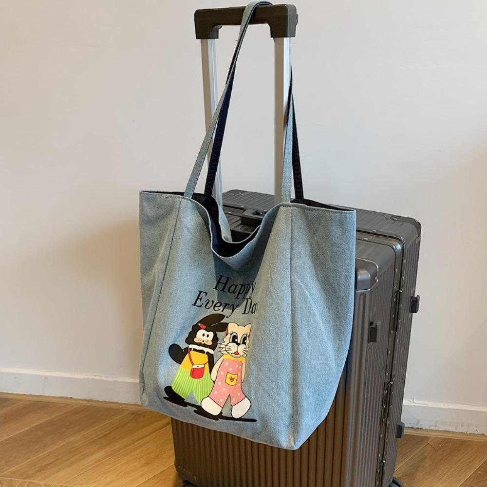 Cartoon Animal Denim Blue Handbag Large Capacity Women Canvas Bag Cute Double-sided Tote Bag  Daily