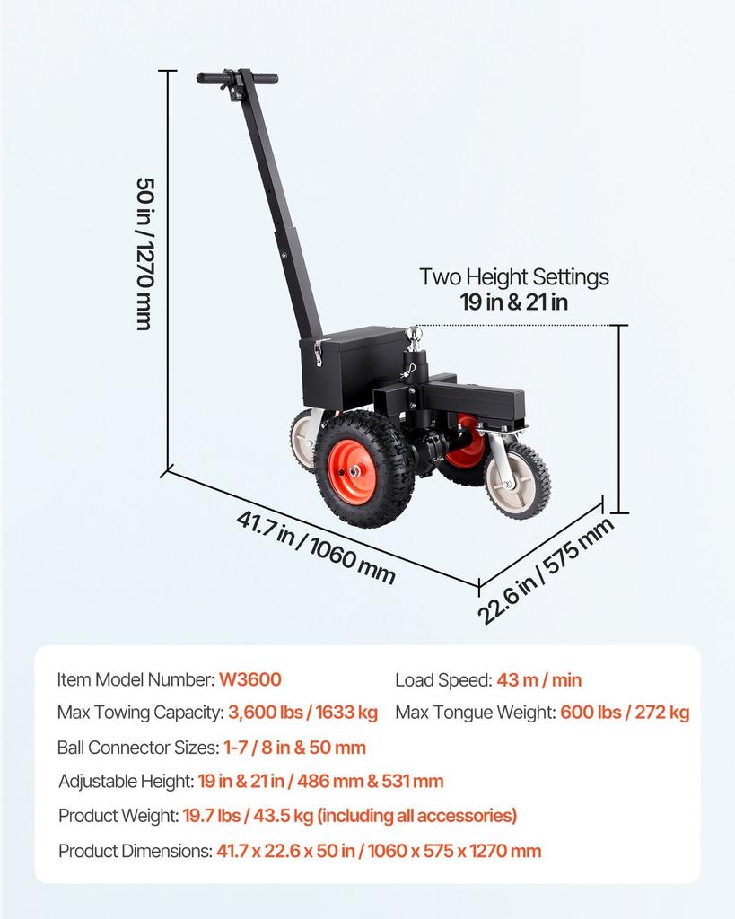 Elektrischer Anhänger-Dolly, 1633 kg max. Anhängergewicht, 272 kg max. Stützlast, DC 24V 800W motorisierter Anhänger-Dolly mit 50 & 47,6 mm Kugelkopf für Wohnmobile