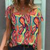 Women Print V Neck Short Sleeve Casual Loose Tunic Tops