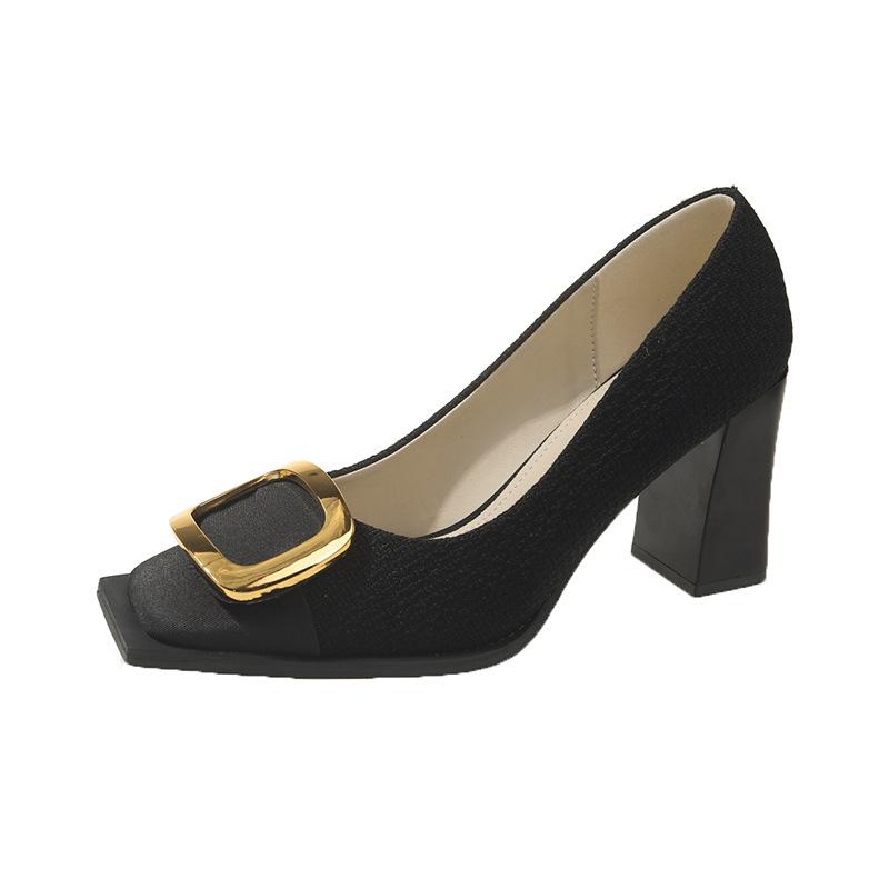 Square Head Gold Buckle High Heels Women's 2025 Spring One-pedal Thick Heel Single Shoes Temperament Shallow Mouth Square Buckle Single Shoes