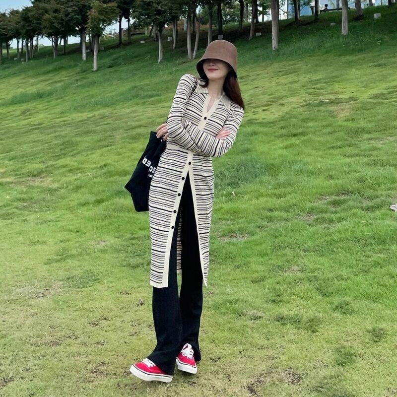 Vintage Polo Collar Cardigan Striped Dress Jacket Women's Autumn and Winter New High-end Design Hip Skirt Women