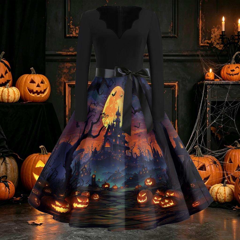 Women Casual Long Sleeve V Neck Vintage Dress Halloween Print Retro Style A Line Midi Dress with Waist Tie Belt
