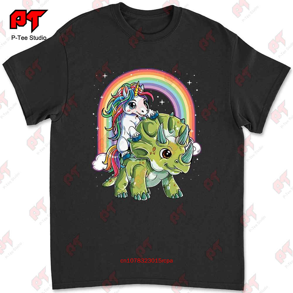 Unicorn Riding Dinosaur Triceratops Rainbow Tshirt JW3K