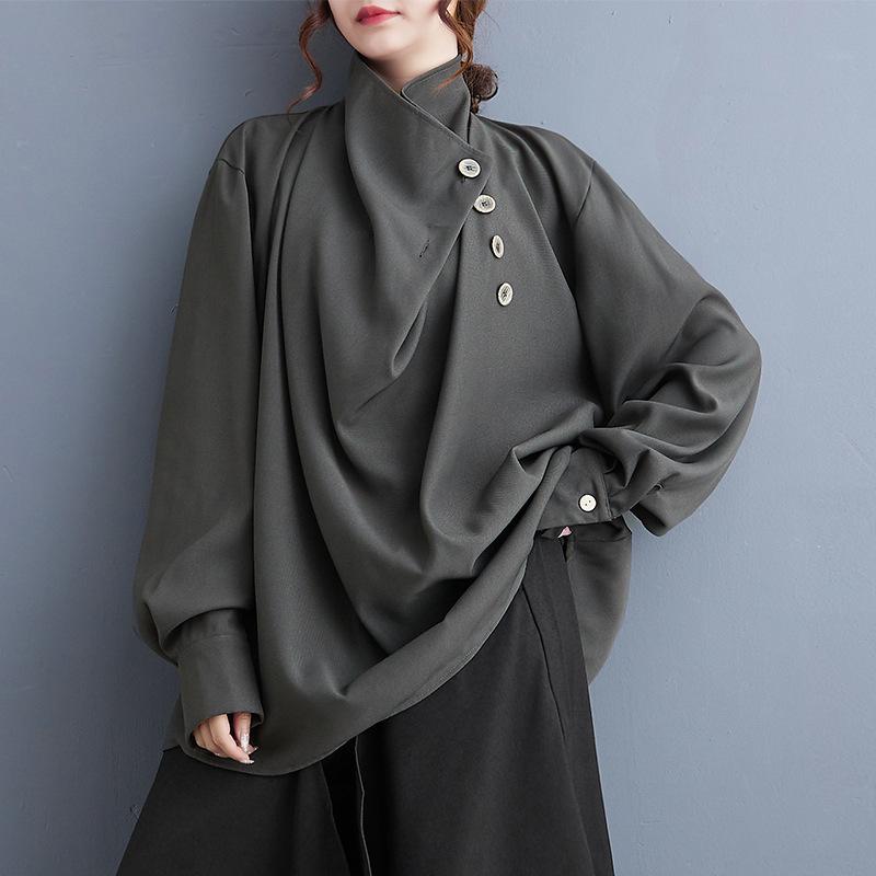 Dark Style Ruffle Neck Long Sleeve Casual Shirt One Size (Large)