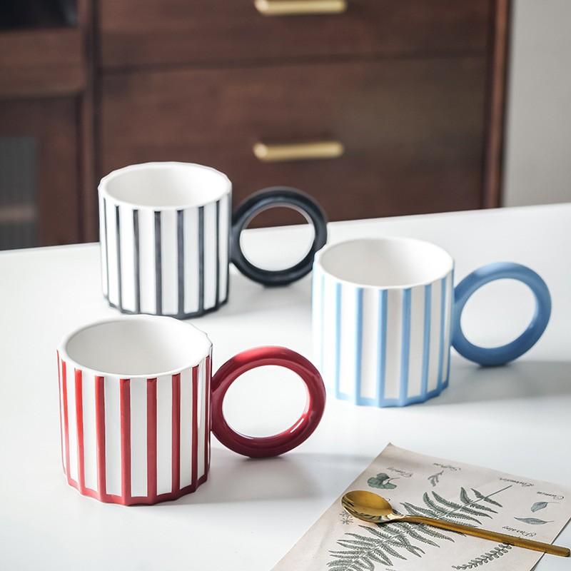 Taza de Cerámica Minimalista con Rayas y Asa Grande para Café Desayuno Leche Taza Exquisita para Té de la Tarde Tazas de Té de Flores Regalos de Cumpleaños