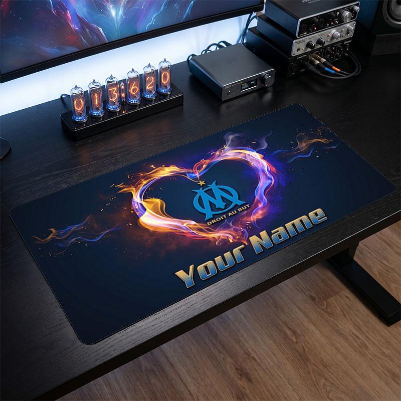 Olympique Marseille FC Custom Large Mouse Pad, Personalized Name Text Print, Football Logo Non‑Slip Desk Mat Gaming Gift