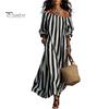 Daily Wear Dress Summer Women Striped Long Dress, Off Shoulder Sleeve Casual Ankle Length Loose Swing with Side Pocket