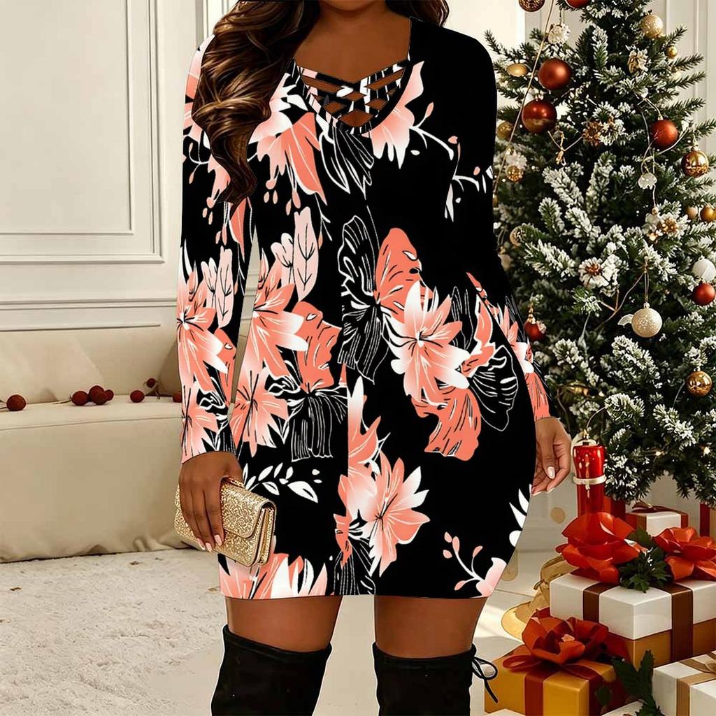 Women Plus Size Long Sleeve V Neck Crisscross Hollow Bodycon Mini Night Club Party Dress