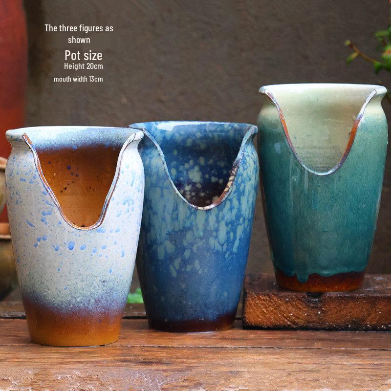 Handmade Coarse Pottery Wide-Mouth Flower Pot - Ceramic Zisha Succulent Planter with Rustic Cut-Edge Design for Chlorophytum