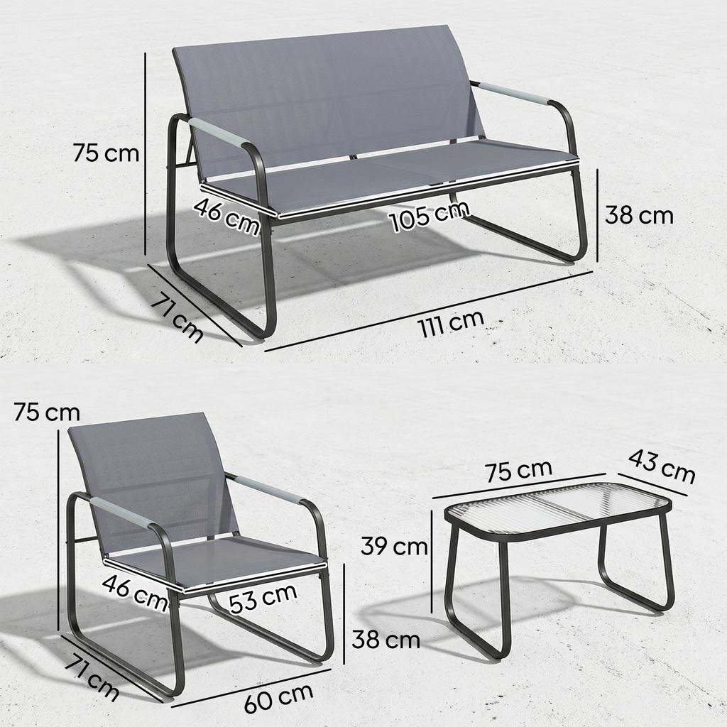 Garden Furniture Set, 4-Piece, Steel and Textilene, Braided Rope Armrests, Grey