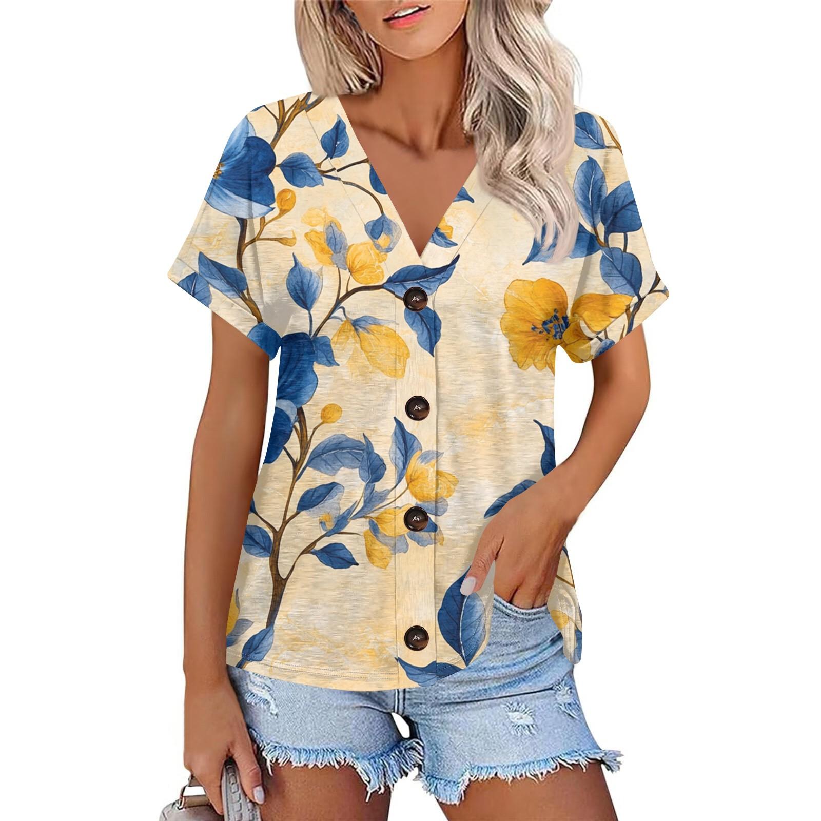 

Женская мода с короткими рукавами и V-образным вырезом, повседневная футболка с пуговицами L бежевый