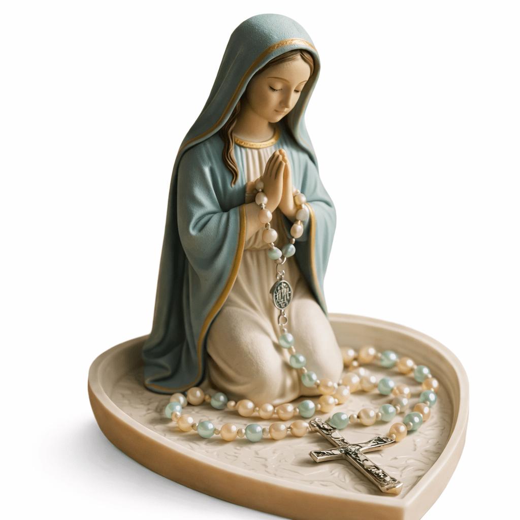 

Jesus Virgin Mary Praying Statue Holder Heart Shaped Tray for Rosary Beads for Catholic Home Altar Prayer Corner Religious Gift