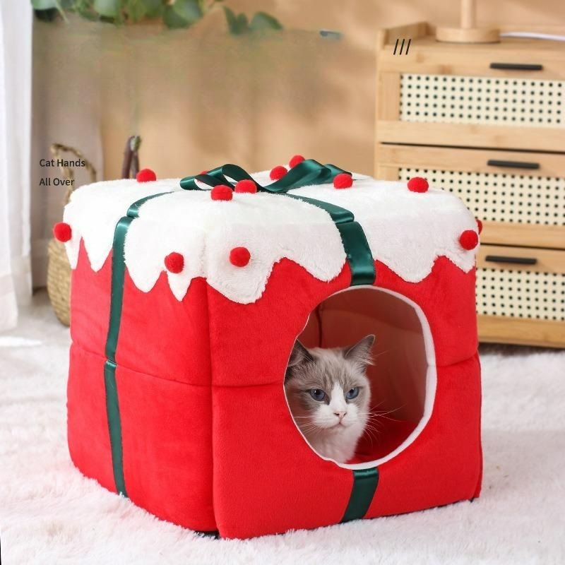 NEW Pet Bed House Winter New Arrival Thickened Fleece Warm Semi-Enclosed Christmas Cat Cage for Cats Dogs