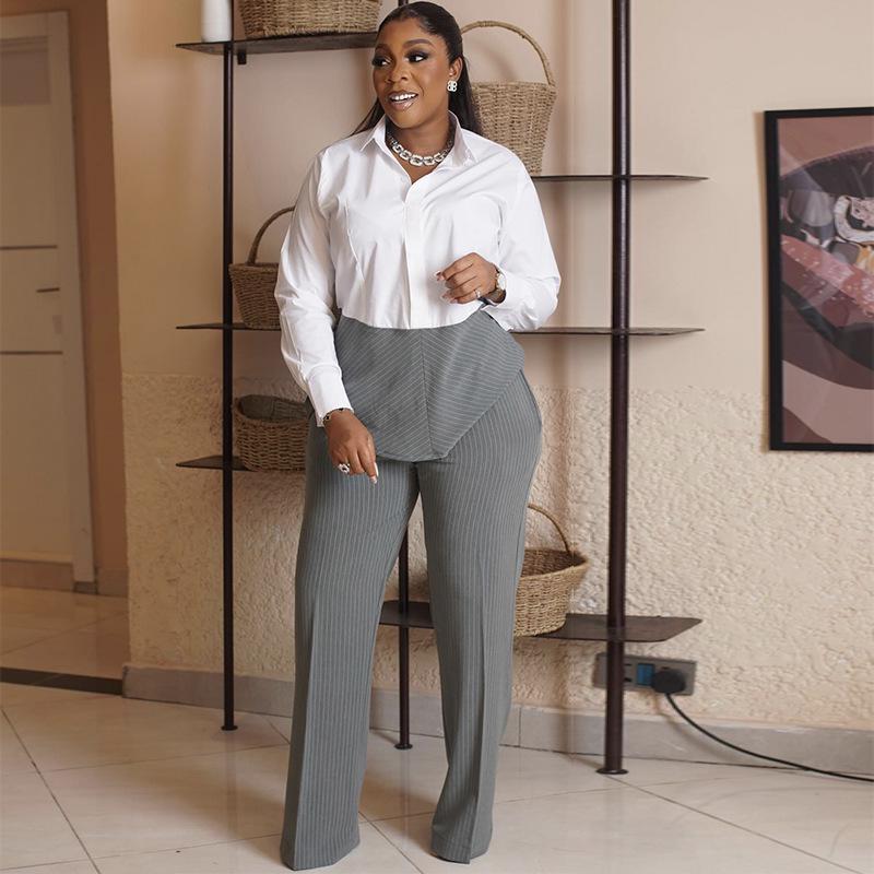 2026 Spring Women s Casual Striped Patchwork Shirt & Wide-Leg Pants Set L