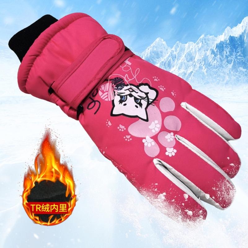 Gants de Ski pour Enfants Hiver Imperméables Motif Dessin Animé Mignon Gants de Neige Chauds pour Garçons Filles Enfants 5-10 Ans