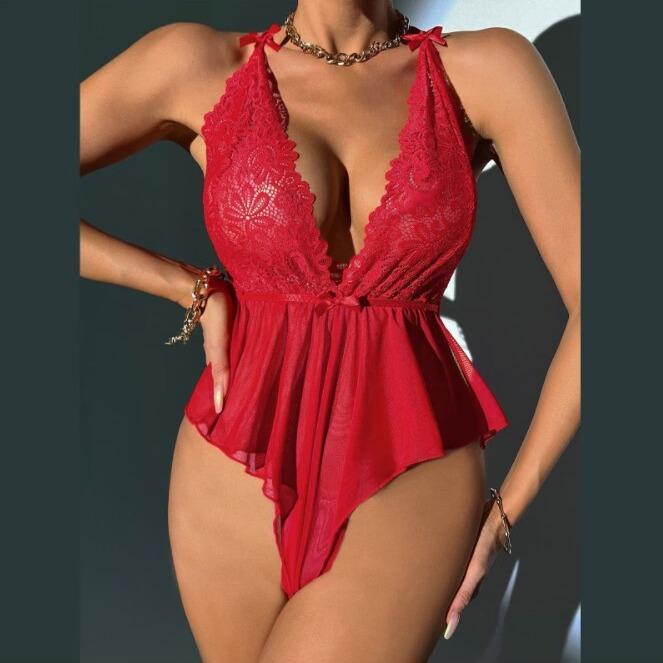 Erotic Lingerie For Woman Lace Transparent Bra Set Sexy Costume Deep V Open Bra Crotchless Bodysuit Female Tulle Sheer Underwear