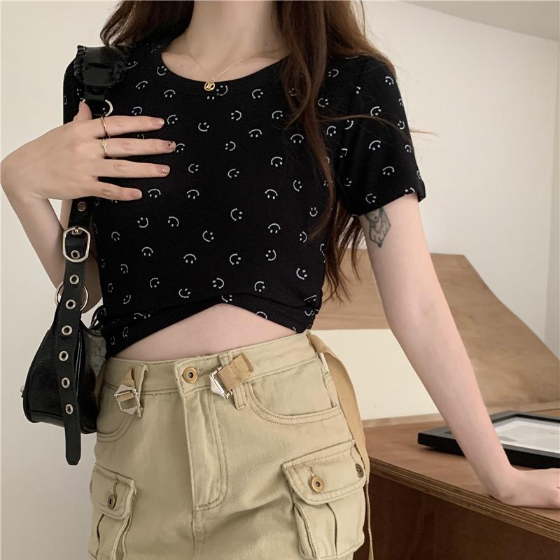 Moda coreana gris blanco Camisetas de mujer verano manga corta cuello redondo casual ajustadas estampado gráfico camiseta corta para mujer y2k Tops Ropa