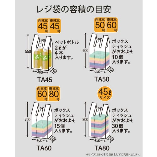 Household Japan TA-80 Milky White Plastic Shopping Bags, Extra Large, 45L, 0.025mm Thick, 50 Bags per Pack