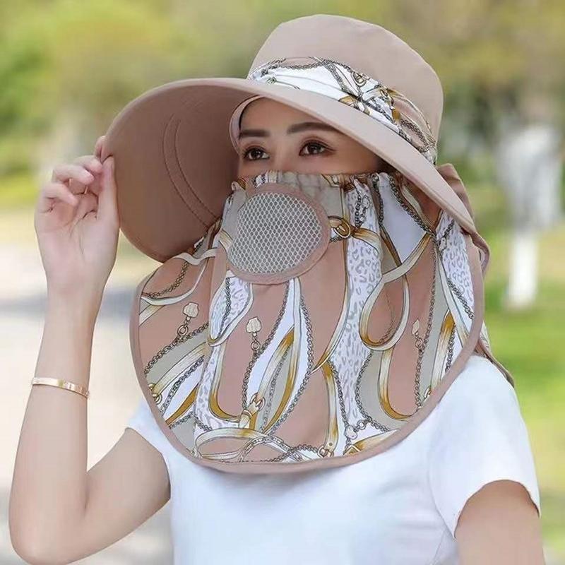 1Pieces Summer Women Wide Brim Garden Work Shade Hat Face Mask Detachable Sunhat Outdoor Print Breathable Mountaineering Scarf