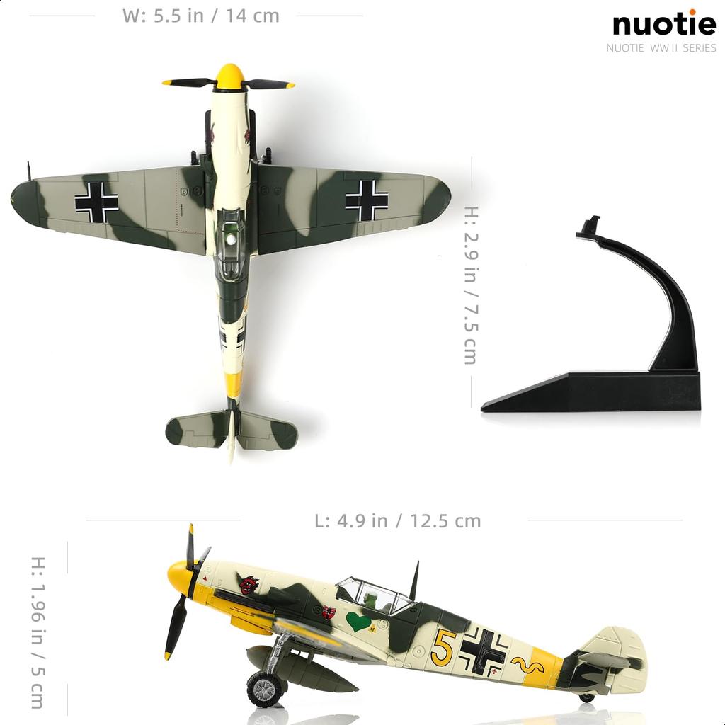 Měřítko NUOTIE Německý stíhací letoun Messerschmitt z druhé světové války Model Diecast Letadlo Vojenský displej Model Sbírka letadel Klasický model 172 BF-109