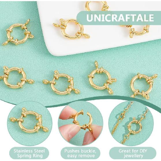 UNICRAFTALE 8pcs Golden Spring Clasps Stainless Steel Spring Ring Clasps Closed Ring Clasps Smooth Surface Clasp Connector Findings for DIY Jewelry