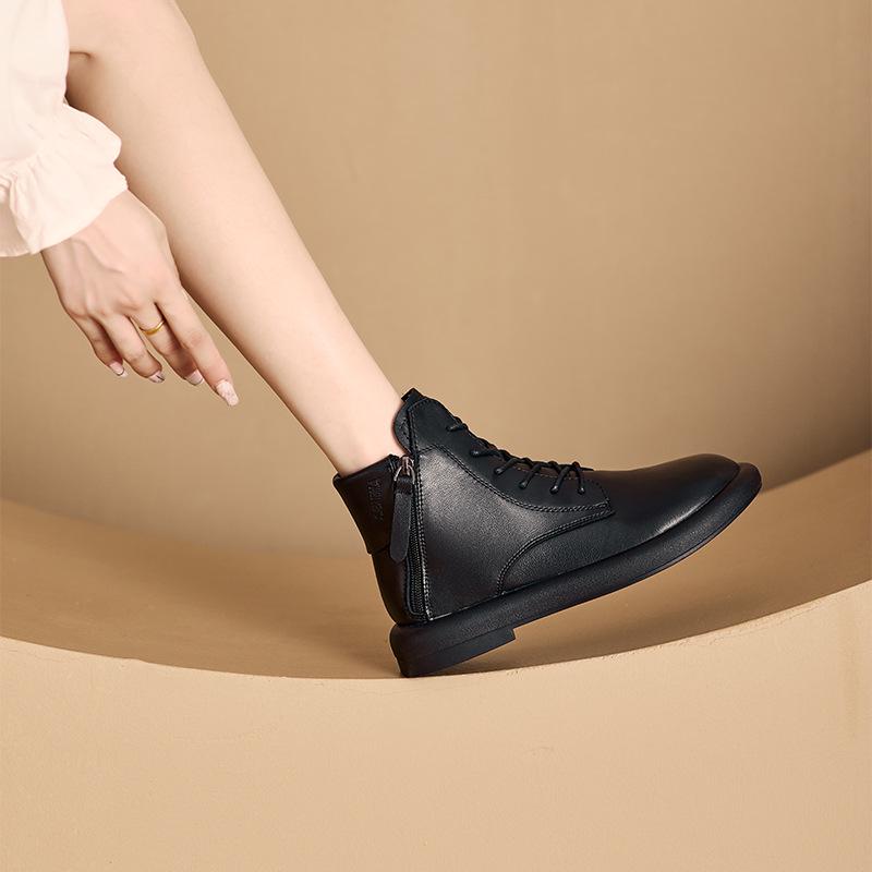 2025 Autumn Vintage Leather Women's Martin Boots with Dual Zippers - Korean Style, Flat Bottom Casual Shoes