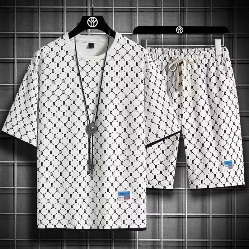 Summer Men's Sports Set Casual Short Sleeve O-Neck T-shirt and Sport Shorts Letter Printing 2-Piece Set