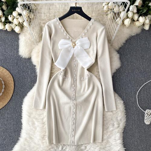 Elegant Bow High Waist Fashion Bodycon  Dress Long Sleeve Sexy Knit Elastic Tight Vestidos Autumn Winter Pencil Sweater Dress