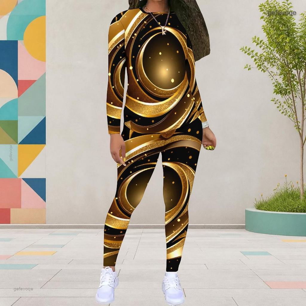 Women Plus Size Black Gold Green Printed Round Neck Long Sleeve Top And Fitted Pants Two Piece Set