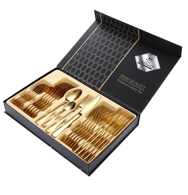 24pcs Gold Dinnerware Set Stainless Steel Steak Knife Fork Coffee Spoon Teaspoon Flatware Dishwasher Safe Kitchen Tablewar