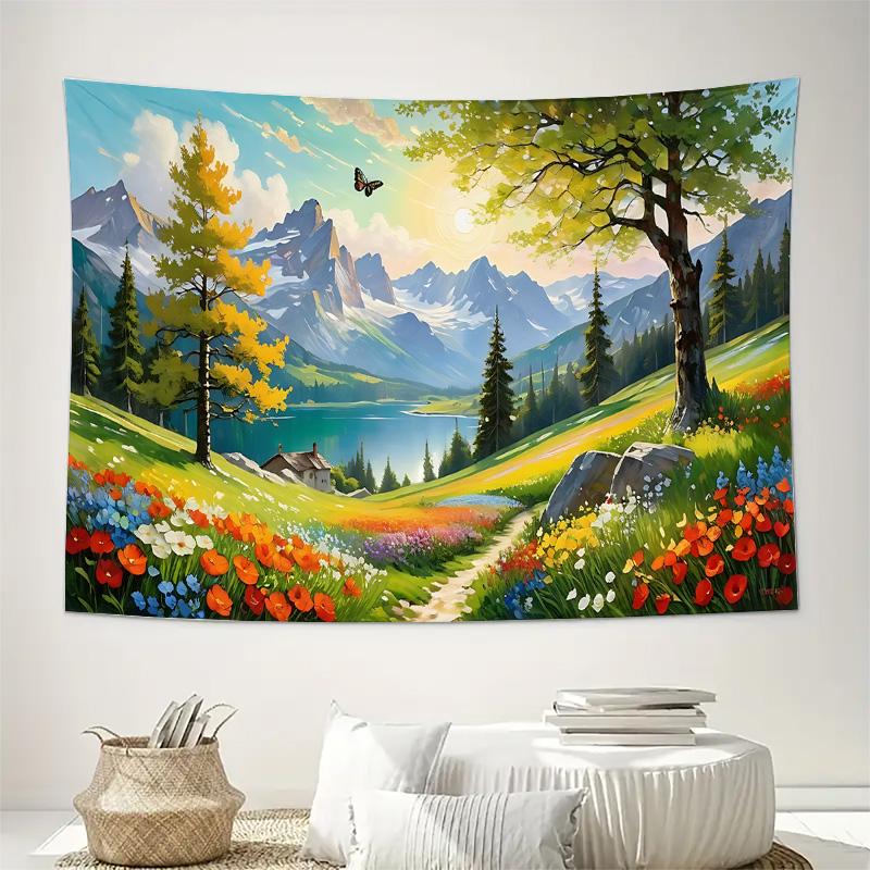 Spring Mountain Meadow Flower Field Wall Tapestry Machine Washable All Season Decor Art Print Nature Design Home Elevate Space 74x94cm(29x37in)