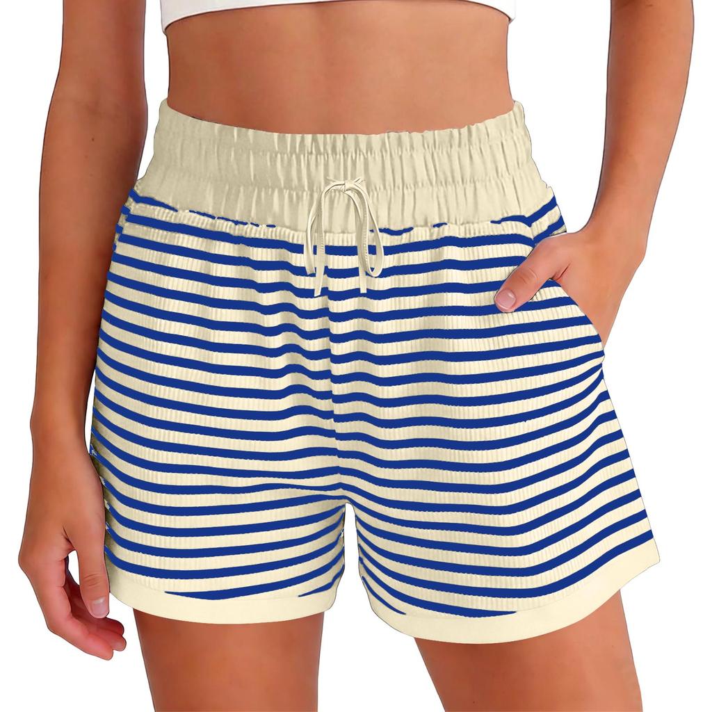 Women's Fashionable Relaxed-fit Striped Shorts With An Elasticated Waist Drawstring And Pockets