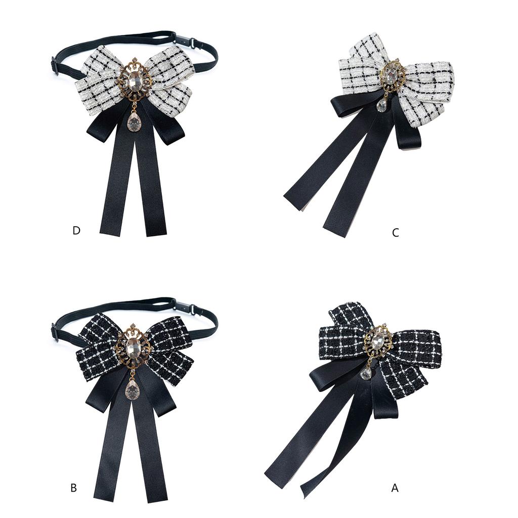 Elegant Rhinestones Plaids Ribbon Bowtie with Pin Pre Tied Adjustable Preppy Bowknot Necktie for Fashionable Women Ties