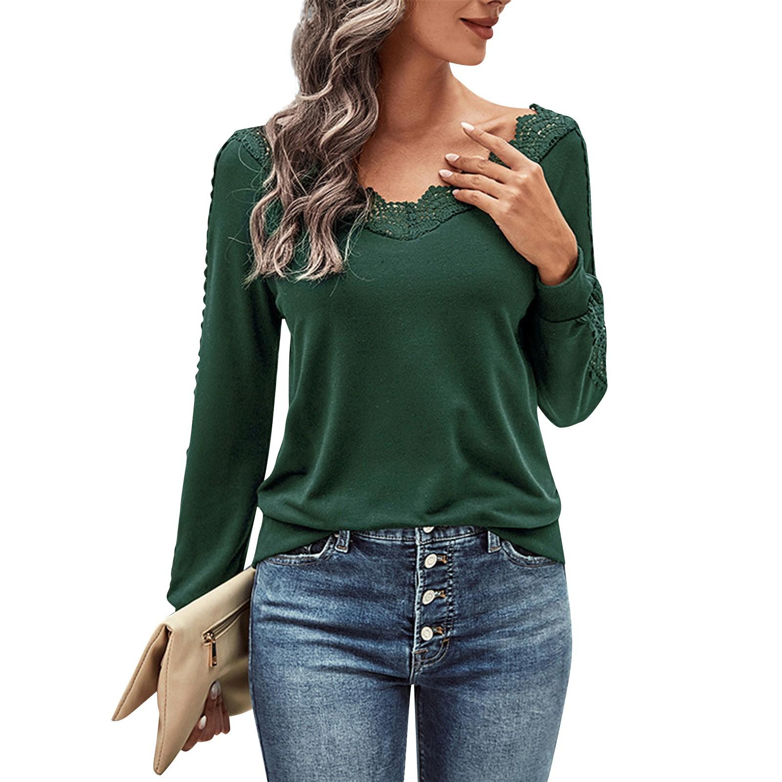 

Женская майка с V-образным вырезом, кружевной отделкой, длинными рукавами, однотонный повседневный топ M