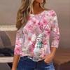 3/4 Length Sleeve Womens Tops Floral Print Vintage Fashion Casual Loose With Round Neck Plus Size Shirts