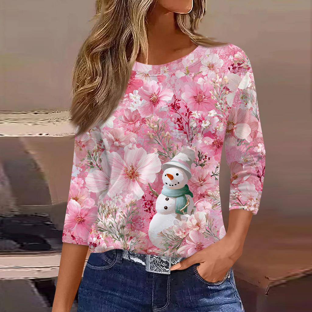 3/4 Length Sleeve Womens Tops Floral Print Vintage Fashion Casual Loose With Round Neck Plus Size Shirts