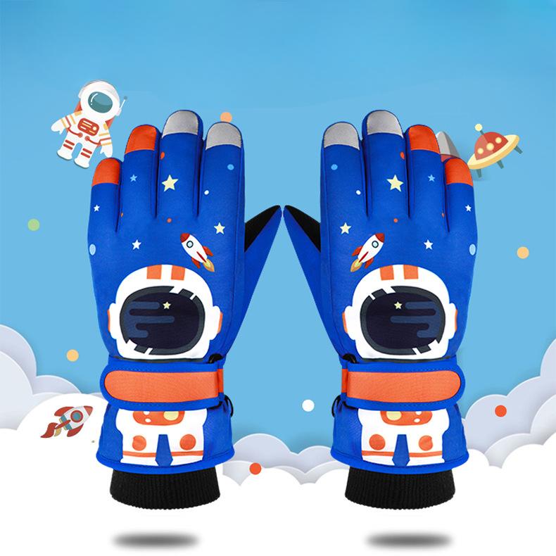 Children's Winter Skiing Gloves Astronaut Five Finger Thickened Windproof and Warm Cycling Gloves for Primary School Students Touch Screen Cartoon