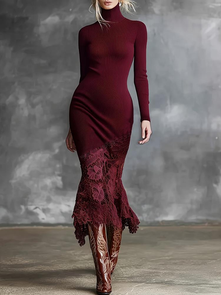 

2026 Spring/Autumn Elegant High Neck Knit Midi Dress with Lace Hem for Women Medium вина червоного кольору