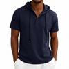 Men’s Short Sleeve Hooded T Shirt with Button Placket Casual Pullover Lightweight Drawstring Hoodie Top for Everyday Wear