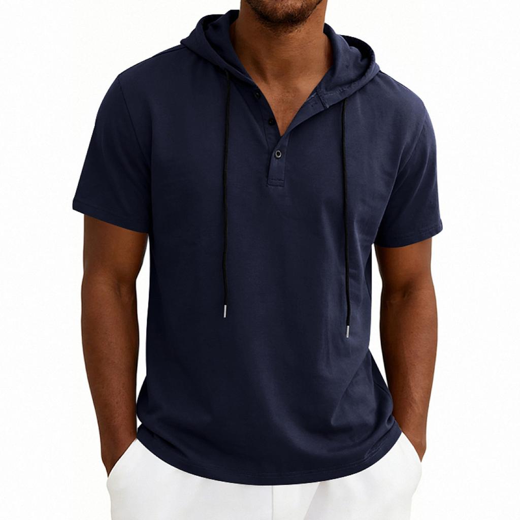 Men’s Short Sleeve Hooded T Shirt with Button Placket Casual Pullover Lightweight Drawstring Hoodie Top for Everyday Wear