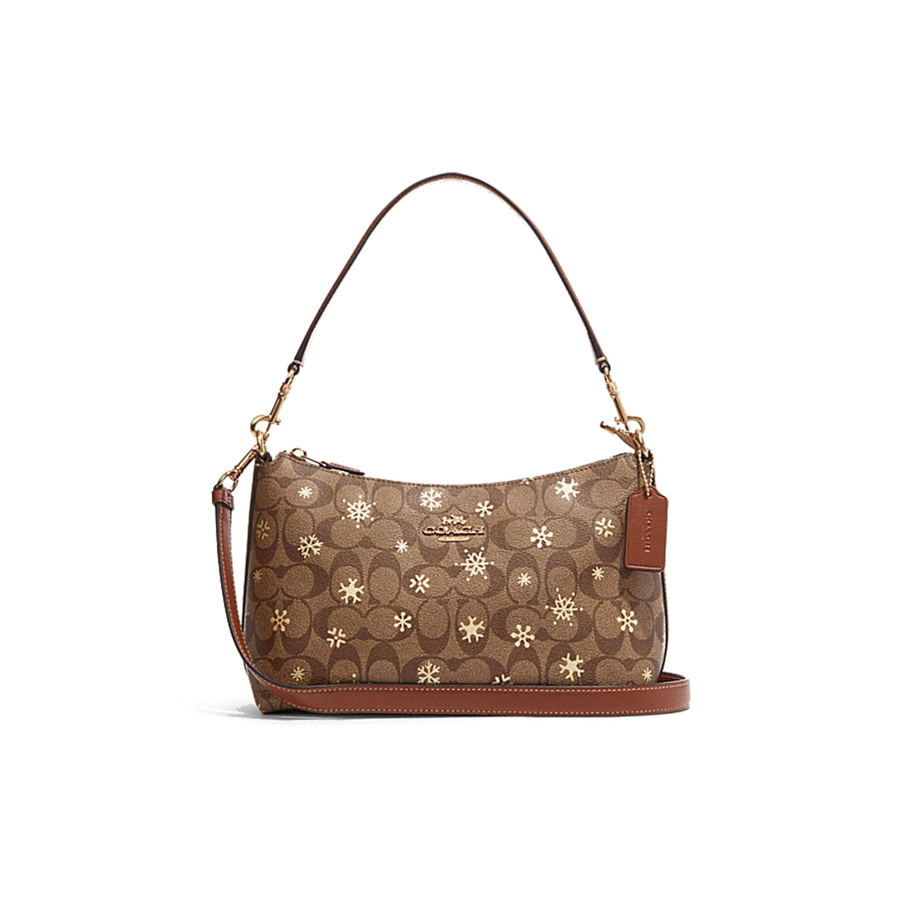 

Coach Tan Signature Canvas Hobo Shoulder Bag With Gold Snowflake Print & Brown Leather Trim For Daily Use & Holiday Season Basic Set (Bag+Dust Bag)
