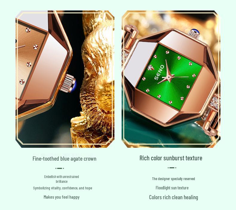 Elegant Women's Steel Band Wristwatch In Pomegranate Red, Champagne Gold & Green