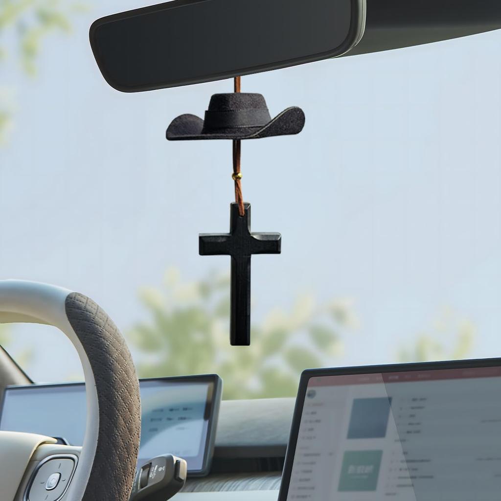 Zpana Cowboy Hat Car Hanging Charm with Cross, Felt Miniature Western Country Vehicle Rear View Mirror Pendant, Cute Mirror Decor Ornament, Universal