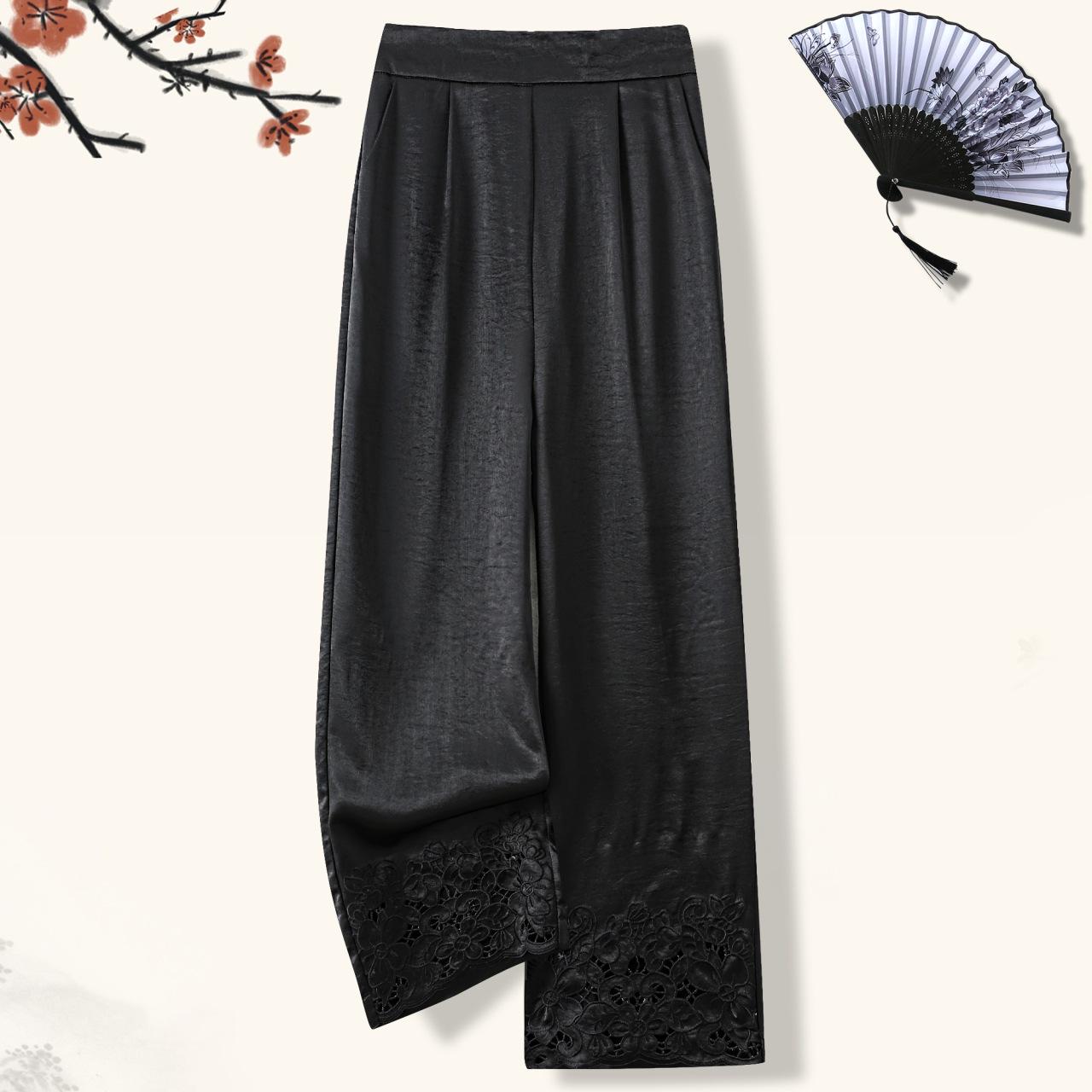 

High-Waisted Chinese Style Casual Pants with Hollowed-Out Patchwork Hem - Elegant and Versatile Fashion Statement 2XL (suggested for 55-62.5kg) чёрный