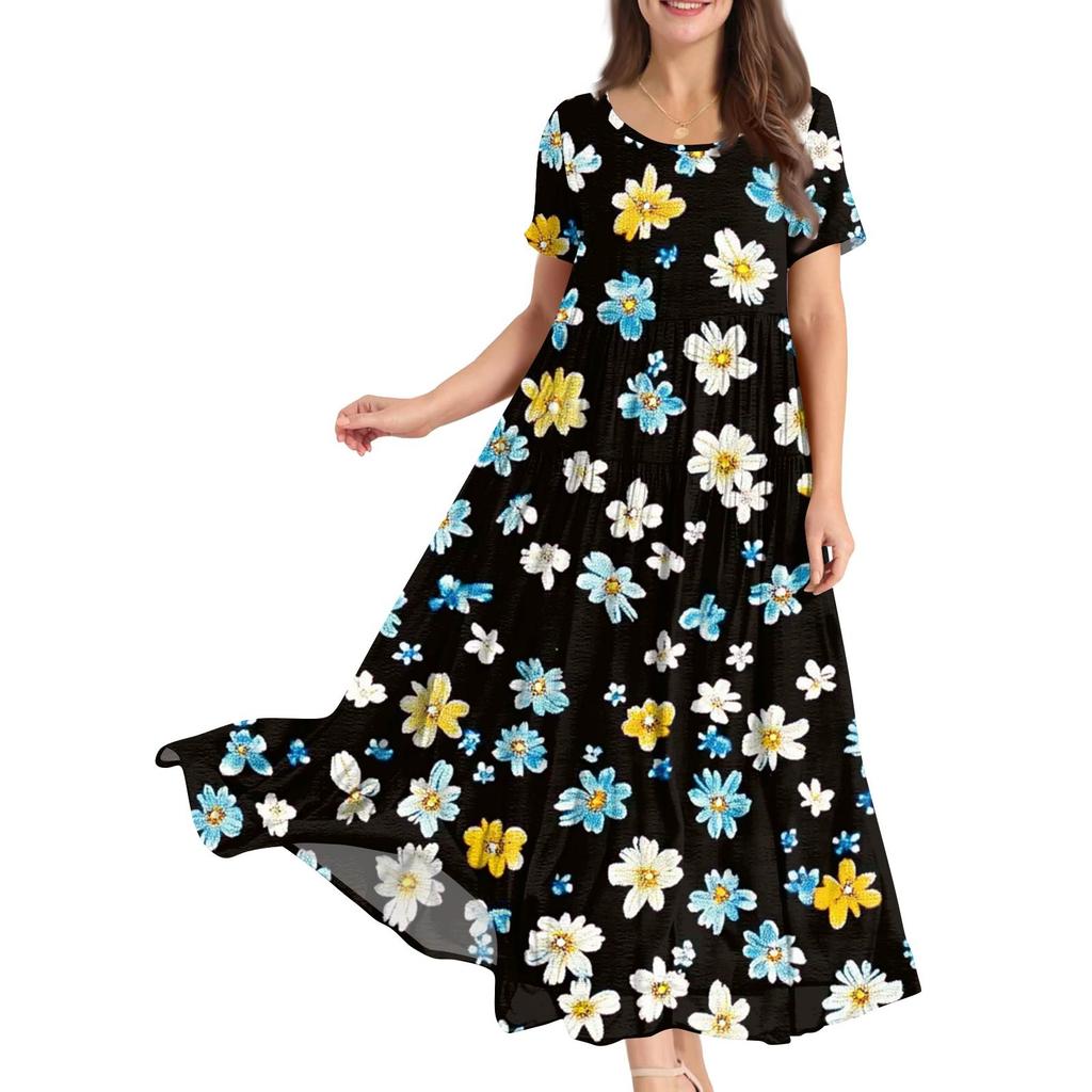 Damen Sommer Rundhals Kurzarm Geblümtes Boho Lockeres Kleid